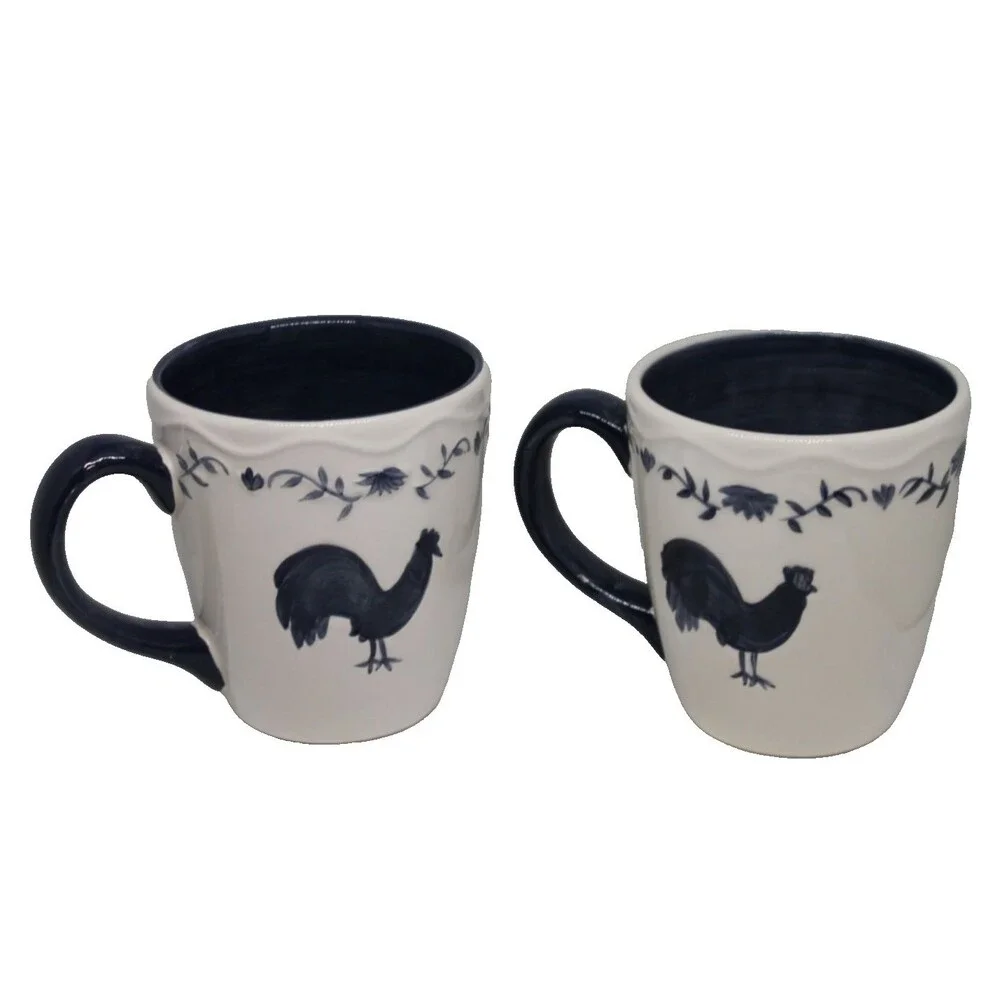 North Crest Ceramic Rooster Mugs/Coffee Cups Large Set of 2 Navy & White 16oz